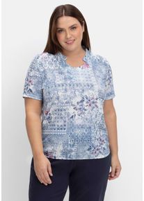 Große Größen Shirt mit Alloverprint und V-Ausschnitt Gr. 50 blau geblümt von sheego für Damen