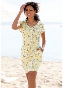 Beach Time Beachtime Jerseykleid mit Blumenmuster und Taschen, Sommerkleid aus Baumwoll-Mix, gelb