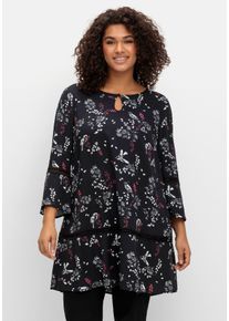 Große Größen Longtunika mit floralem Print und Lochmusterdetails Gr. 40 schwarz/weiß gemustert geblümt von sheego für Damen