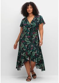 Große Größen Wickelkleid mit Tropenprint und Volant Gr. 52 schwarz von sheego für Damen