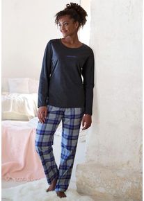 Vivance Dreams Pyjama blau Gr. 32 für Damen. Rundhals und Schriftzug, Allover-Druck. Nachhaltig.