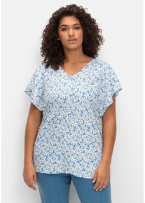 sheego by Joe Browns Große Größen Leicht taillierte Bluse mit kurzen Volantärmeln Gr. 56 blau geblümt von sheego für Damen