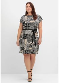 Große Größen Jerseykleid im Mustermix, mit Bindegürtel Gr. 42 schwarz von sheego für Damen