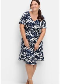 Große Größen Cocktailkleid mit Blumenprint und Stoffgürtel Gr. 44 blau geblümt von sheego für Damen
