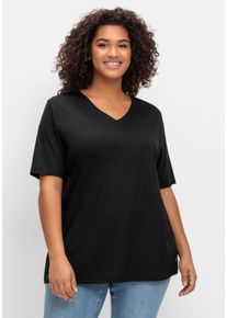 Große Größen T-Shirt mit doppellagigem Vorderteil Gr. 52/54 schwarz von sheego für Damen