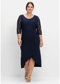 Große Größen Abendkleid in Wickeloptik, mit Spitze und 3/4 Arm Gr. 46 blau von sheego für Damen