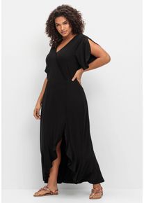 Große Größen Langes Jerseykleid in Wickeloptik, mit Volantrock Gr. 56 schwarz von sheego für Damen