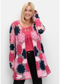 Große Größen Lange Strickjacke in Häkeloptik, mit Blütenmuster Gr. 40/42 pink geblümt von sheego für Damen