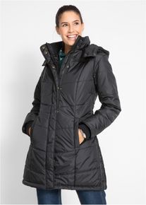 bonprix Long-Steppjacke wattiert mit Kragen und Kapuze, schwarz, Gr.46, Funktionale figurumschmeichelnde Long-Steppjacke mit abnehmbarer Kapuze