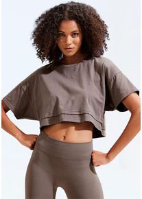 Lascana Kurzarmshirt brown Gr. S (36/38) für Damen. Rundhals und Logostickerei. Lässig Geschnitten. Nachhaltig.