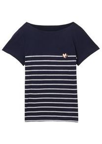 Tom Tailor Damen Gestreiftes T-Shirt mit U-Boot-Ausschnitt, blau, Streifenmuster, Gr. L