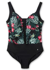 Große Größen Badeanzug mit Rüschen und Tropical Print Gr. 48B schwarz von sheego für Damen