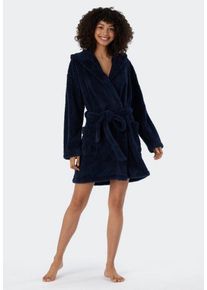 Schiesser Damenbademantel "Essentials", Kurzform, Fleece, Kapuze, Gürtel, mit Kapuze, aufgesetzen Taschen sowie variablem Bindegürtel, blau