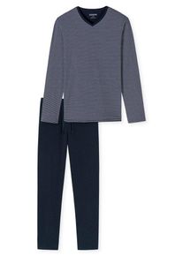Schiesser Pyjama "95/5" (2 tlg) geringeltes Langarmshirt mit eingefasstem V-Ausschnitt, blau