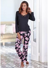 Lascana Pyjama (2 tlg) mit Blumenmuster und Spitzendetails, rosa|schwarz
