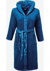 Egeria Damenbademantel Rena, Langform, Walkfrottee, Kapuze, Gürtel, mit farblich abgesetzter Kapuze und Bindegürtel, 100% Baumwolle, blau