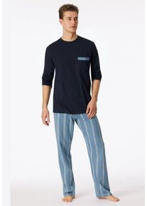 Schiesser Pyjama "Comfort Nightwear" (2 tlg) Langarmshirt mit V-Ausschnitt und aufgesetzter Brusttasche, blau