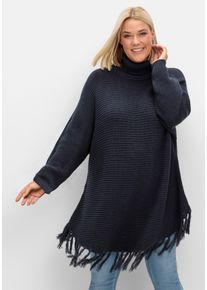 Große Größen Gerippter Poncho-Pullover mit Fransensaum Gr. 56/58 blau von sheego für Damen