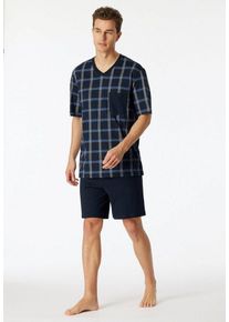 Schiesser Shorty "Comfort Nightwear" (2 tlg) mit klassischem Karo-Muster, V-Ausschnitt und aufgesetzte Brusttasche, blau