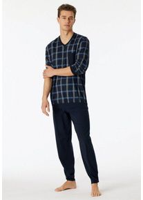 Schiesser Pyjama "Comfort Nightwear" (2 tlg) mit klassischem Karo-Muster und aufgesetzter Brusttasche, blau