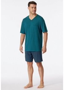 Schiesser Shorty "Comfort Essentials" (2 tlg) unifarbenes T-Shirt mit V-Ausschnitt, aufgesetzte Brusttasche, blau