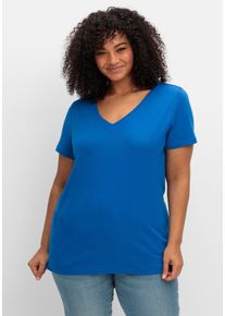 Große Größen T-Shirt mit V-Ausschnitt Gr. 52/54 blau von sheego für Damen