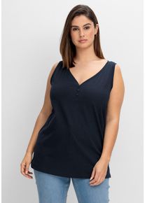 Große Größen Tanktop mit V-Ausschnitt und Zierknopfleiste Gr. 42 blau von sheego für Damen