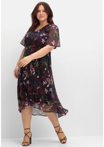 Große Größen Chiffonkleid mit Blumendruck und Volant am Saum Gr. 52 blau geblümt von sheego für Damen