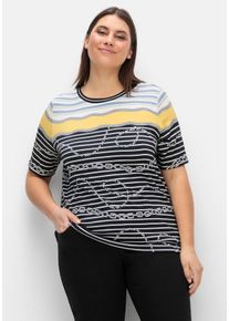 CREATION L PREMIUM Große Größen Shirt mit Streifendruck und Kettenmotiven Gr. 44 blau/gelb gestreift für Damen