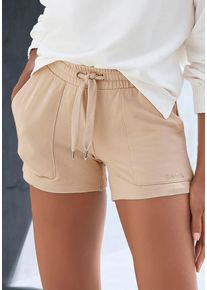 BENCH. LOUNGEWEAR Relaxshorts beige Gr. 32/34 für Damen. Mit Logodruck, Kordelzug. Bequem. Nachhaltig.