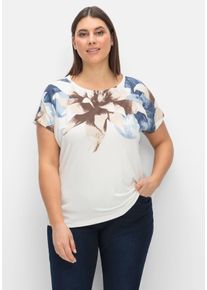 CRÉATION L Große Größen Jerseyshirt mit Blütendruck am Rundhalsausschnitt Gr. 46 beige gemustert für Damen