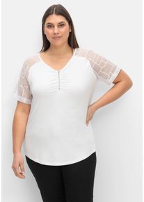 CRÉATION L Große Größen Shirt mit Zipper und Ärmeln aus Spitze Gr. 46 weiß für Damen