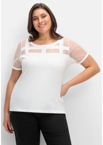 CRÉATION L Große Größen Shirt mit Mesh-Einsätzen und Rundhalsausschnitt Gr. 46 weiß für Damen