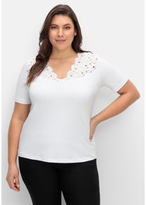 CRÉATION L Große Größen Shirt mit Spitze an V-Ausschnitt und Schulterbereich Gr. 42 weiß für Damen