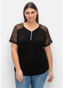 CRÉATION L Große Größen Shirt mit Zipper und Ärmeln aus Spitze Gr. 46 schwarz für Damen