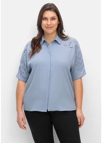 CRÉATION L Große Größen Crêpebluse mit Lochstickerei und Fledermausärmeln Gr. 42 blau für Damen