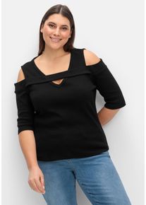 CRÉATION L Große Größen Jerseyshirt mit Cut-outs, in Rippqualität Gr. 46 schwarz für Damen