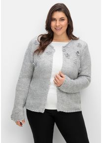 CRÉATION L Große Größen Cardigan mit Häkelblüten und Glitzergarn Gr. 48 grau für Damen