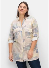 CRÉATION L Große Größen Batik-Longbluse mit Brusttasche und Krempelärmeln Gr. 44 beige für Damen