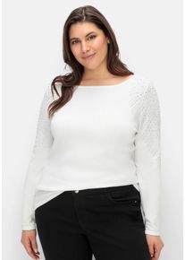 CREATION L PREMIUM Große Größen Pullover mit U-Boot-Ausschnitt und Glitzersteinen Gr. 46 weiß für Damen