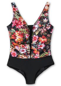 feel good Große Größen Badeanzug mit Halbkorsage und Tropenprint Gr. 40C schwarz für Damen