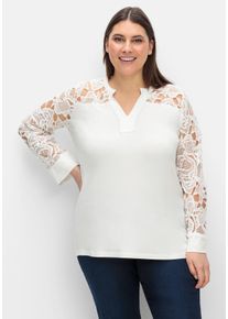 CRÉATION L Große Größen Langarmshirt mit transparenter Spitze Gr. 50 weiß geblümt für Damen