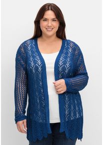 Große Größen Verschlusslose Ajourstrickjacke mit Wellenkante Gr. 56/58 blau von sheego für Damen