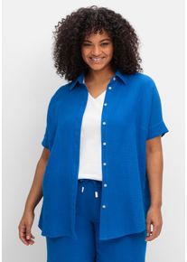 Große Größen Kurzärmlige Hemdbluse aus Musselin Gr. 58 blau von sheego für Damen