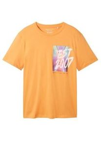 Tom Tailor DENIM Herren T-Shirt mit Bio-Baumwolle, orange, Fotoprint, Gr. XL