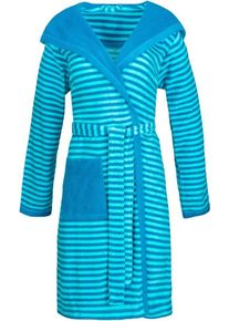 Esprit Damenbademantel Striped Hoody, Kurzform, Rundstrickware, Kapuze, Gürtel, mit Kapuze, gestreift, blau