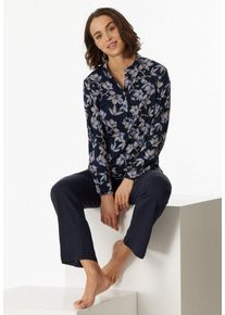 Schiesser Pyjama "Contemporary Nightwear" (2 tlg) Shirt mit Stehkragen und verdeckter, funktionaler Knopfleiste, blau