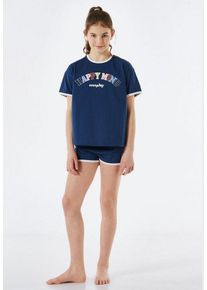 Schiesser Pyjama "Nightwear" (2 tlg) unifarbenes T-Shirt mit Print, blau