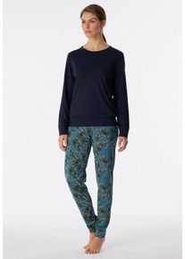 Schiesser Pyjama "Contemporary Nightwear" (2 tlg) unifarbenes Oberteil mit gemusterter Hose, blau