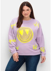 sheego loves miss goodlife Große Größen Sweatshirt mit Smiley-Frontdruck und Glitzersteinen Gr. 52 lila von sheego für Damen
